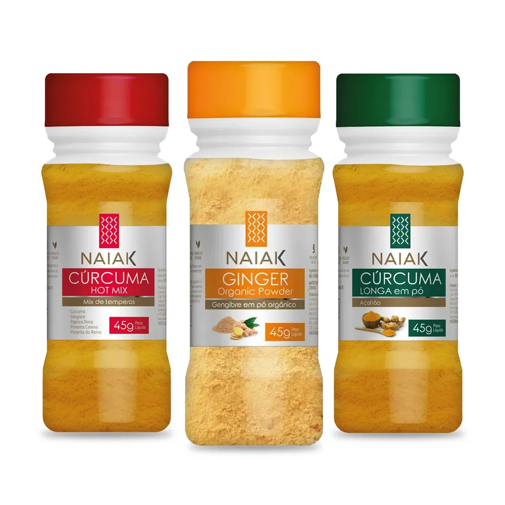 Potes de Cúrcuma Hot Mix, Gengibre em Pó Orgânico e Cúrcuma Longa Naiak 45 g