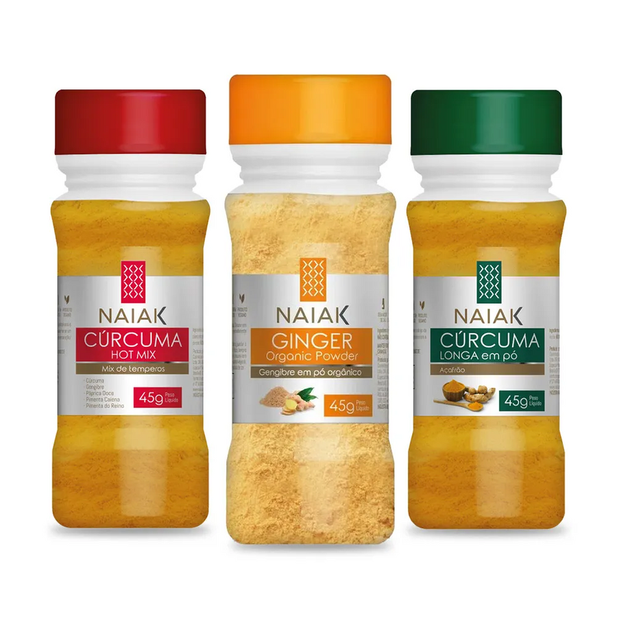 Potes de Cúrcuma Hot Mix, Gengibre em Pó Orgânico e Cúrcuma Longa Naiak 45 g