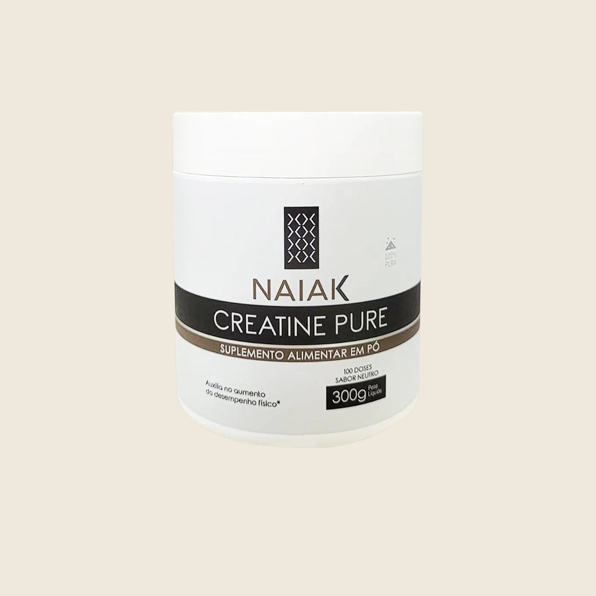 Pote de Creatine Pure Naiak 300 g sobre fundo bege