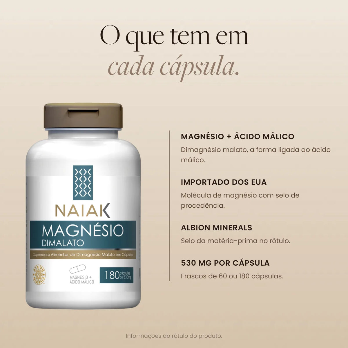 Informações do rótulo do Magnésio Dimalato Naiak: o que tem em cada cápsula